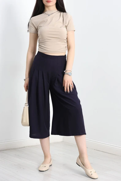 Pileli Bermuda Pantolon Lacivert - 2