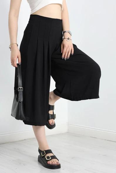 Pileli Bermuda Pantolon Siyah - 5