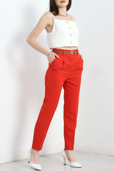 Kemerli Double Pantolon Kırmızı - Resim 2