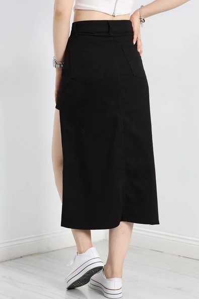 Yırtmaç Detaylı Kot Etek Siyah - 6