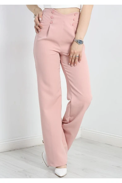 Düğme Detay Pileli Lastikli Pantolon Gülkurusu - Resim 4
