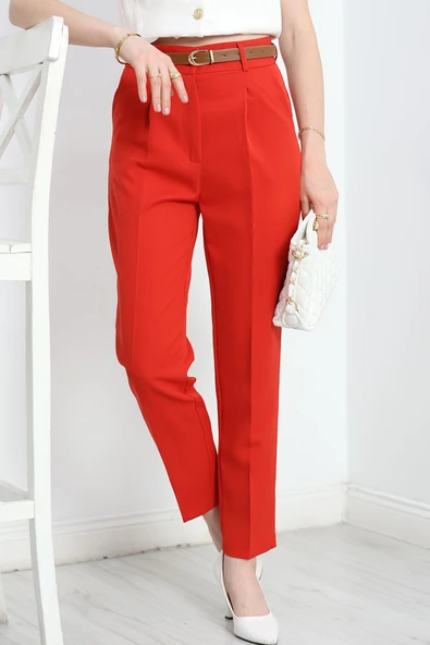 Kemerli Double Pantolon Kırmızı - Resim 4