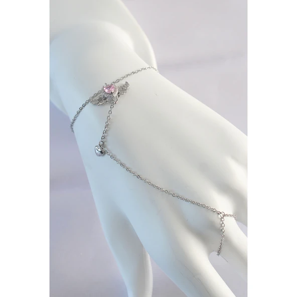 316l Çelik Gümüş Renk Pembe Zirkon Taşlı Kanatlı Kalp Model Şahmeran - Tj-sn584