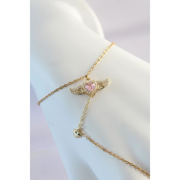 Gold Renk 316 L Çelik  Pembe Zirkon Taşlı Kanatlı Kalp Model Şahmeran - Tj-sn585 - 2