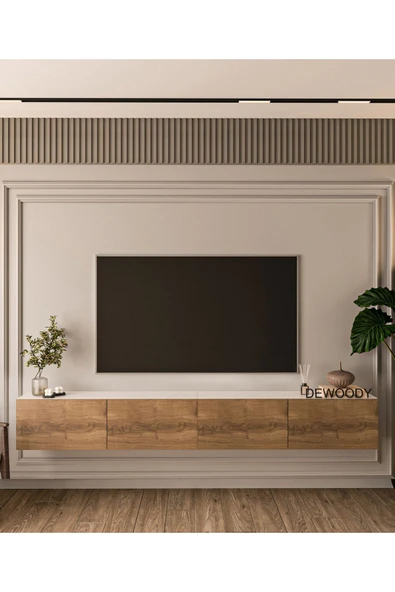 DEWOODY 240 CM DUVARA MONTAJLANABİLİR DÜŞER KAPAKLI BÖLMELİ TV ÜNİTESİ - 2