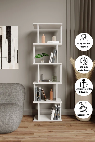 DEWOODY Neo Dekoratif Kitaplık Köşe Kitaplığı 5 Bölmeli