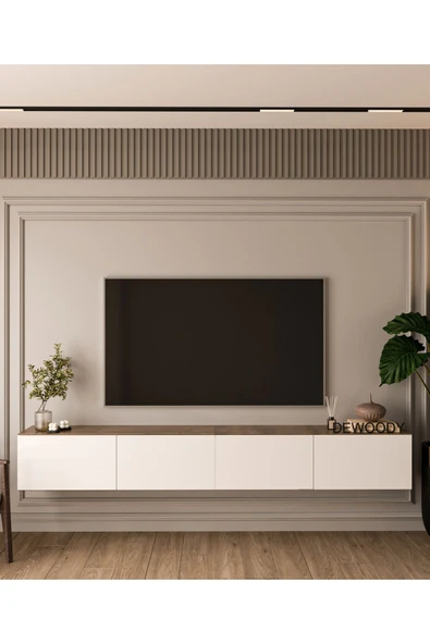 DEWOODY 240 CM DUVARA MONTAJLANABİLİR DÜŞER KAPAKLI BÖLMELİ TV ÜNİTESİ - 2