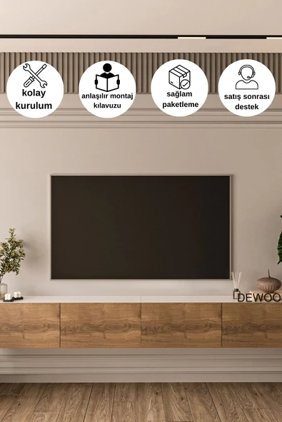DEWOODY 240 CM DUVARA MONTAJLANABİLİR DÜŞER KAPAKLI BÖLMELİ TV ÜNİTESİ