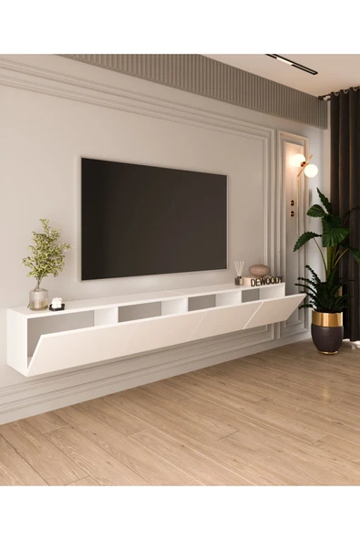 DEWOODY 240 CM DUVARA MONTAJLANABİLİR DÜŞER KAPAKLI BÖLMELİ TV ÜNİTESİ - 4
