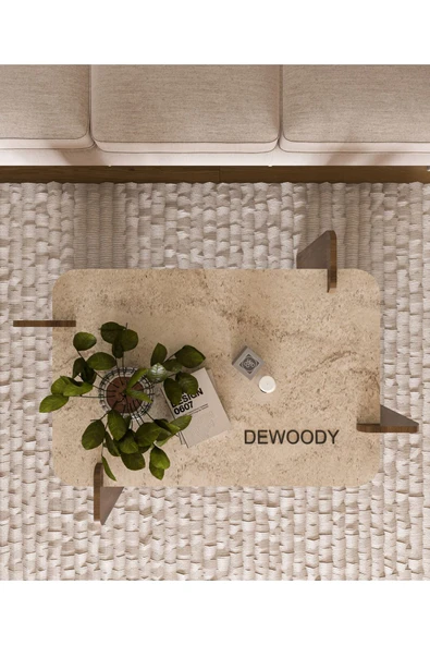 DEWOODY Traverten Ahşap Mermer Desenli Orta Sehpa , İskandinav Stil Modern Sunum Sehpası - 3