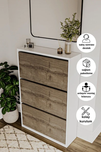 DEWOODY Düşer Kapak 3 Bölmeli Duvara Montajlanabilir Ayakkabılık