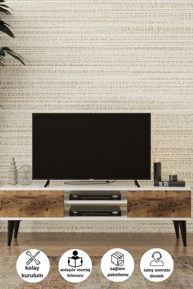 DEWOODY Tv Ünitesi 140cm Kapaklı 2 Bölmeli Kitaplıklı