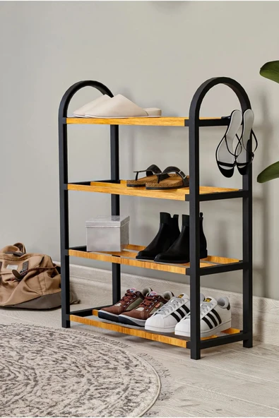 DEWOODY 1. Kalite Ahşap Çubuklu Boyanabilir Raflı Ayakkabılık 4 Bölmeli Düzenleyici Dekoratif Raf  Organizer - 2
