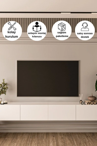 DEWOODY 240 CM DUVARA MONTAJLANABİLİR DÜŞER KAPAKLI BÖLMELİ TV ÜNİTESİ