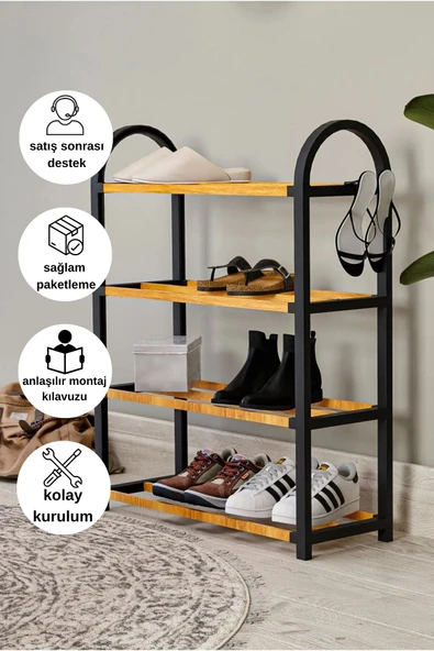 DEWOODY 1. Kalite Ahşap Çubuklu Boyanabilir Raflı Ayakkabılık 4 Bölmeli Düzenleyici Dekoratif Raf  Organizer