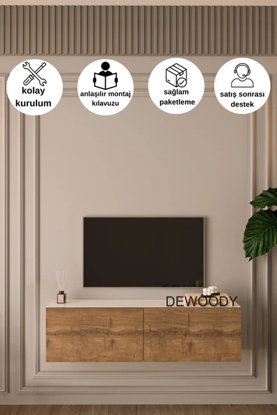 DEWOODY 120 CM DUVARA MONTAJLANABİLİR DÜŞER KAPAKLI BÖLMELİ TV ÜNİTESİ