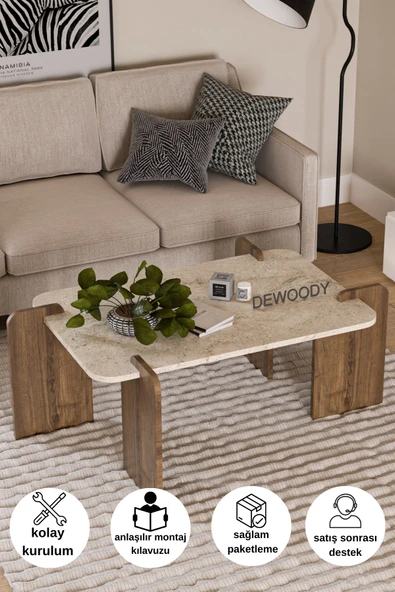 DEWOODY Traverten Ahşap Mermer Desenli Orta Sehpa , İskandinav Stil Modern Sunum Sehpası
