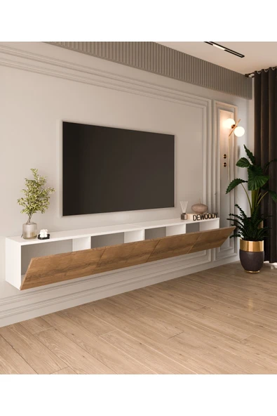 DEWOODY 240 CM DUVARA MONTAJLANABİLİR DÜŞER KAPAKLI BÖLMELİ TV ÜNİTESİ - 4