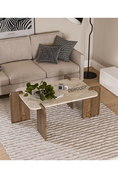 DEWOODY Traverten Ahşap Mermer Desenli Orta Sehpa , İskandinav Stil Modern Sunum Sehpası - 2