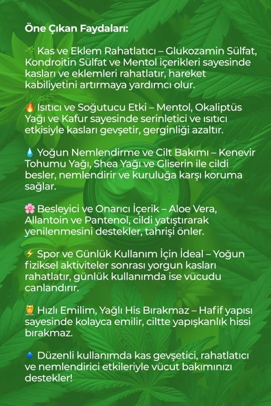 COSLAB Hempcream Green Power Masaj Kremi Kas, Eklem, Boyun, Ağrı Giderici Kenevir Kremi 100ml - 2