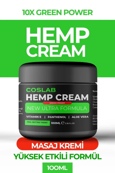 COSLAB Hempcream Green Power Masaj Kremi Kas, Eklem, Boyun, Ağrı Giderici Kenevir Kremi 100ml