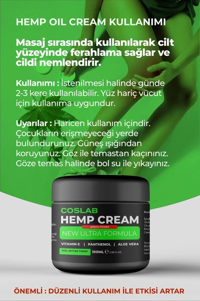 COSLAB Hempcream Green Power Masaj Kremi Kas, Eklem, Boyun, Ağrı Giderici Kenevir Kremi 100ml - 3