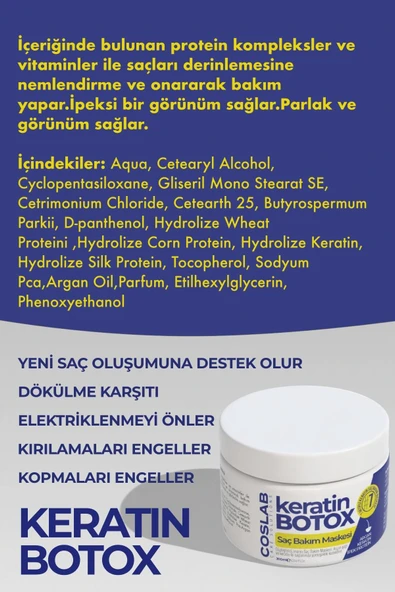 COSLAB Hair Botox Etkili Keratin, Argan ve İpek Proteinli Yoğun Saç Bakım Maskesi 300 ml - 2
