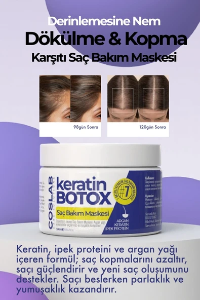 COSLAB Hair Botox Etkili Keratin, Argan ve İpek Proteinli Yoğun Saç Bakım Maskesi 300 ml - 3