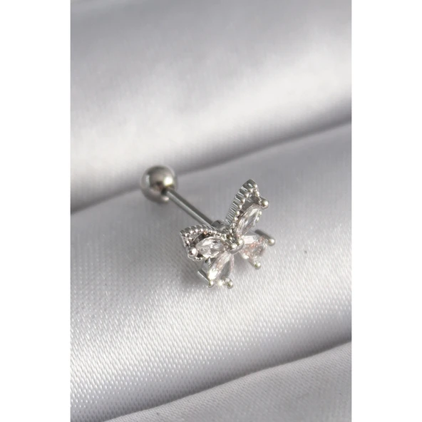 316l Çelik Gümüş Renk Zirkon Taşlı Kelebek Tragus Piercing - Tj-pr1233