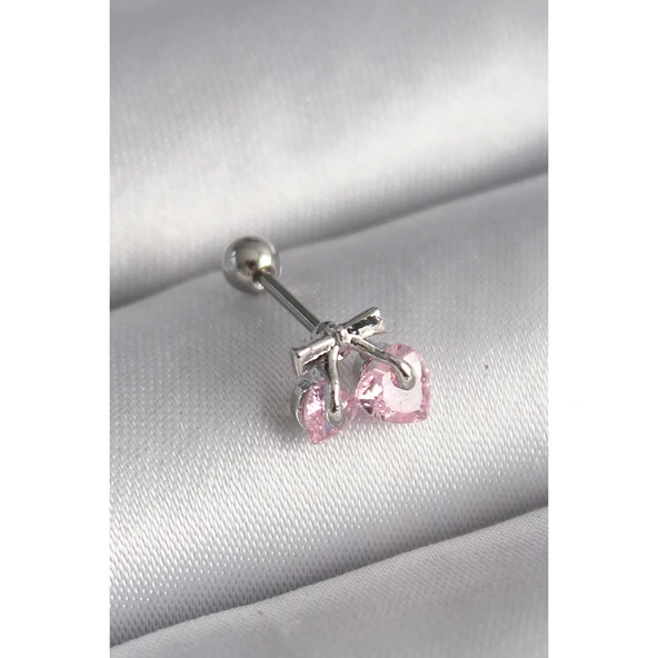 316l Çelik Gümüş Renk Pembe Zirkon Taşlı Kalp Tragus Piercing - Tj-pr1235