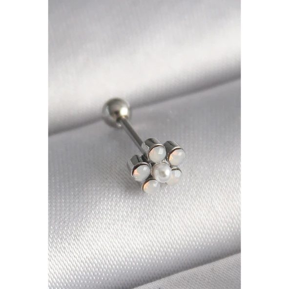 316l Çelik Gümüş Renk Zirkon Taşlı Çiçek Model Tragus Piercing - Tj-pr1283 ürün görseli 1