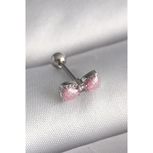 316l Çelik Gümüş Renk Pembe Kurdele Zirkon Taş Detay Tragus Piercing - Tj-pr1295