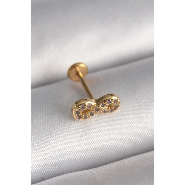 Gold Renk 316 L Çelik  Zirkon Taşlı Sonsuzluk Model Tragus Piercing - Tj-pr1344