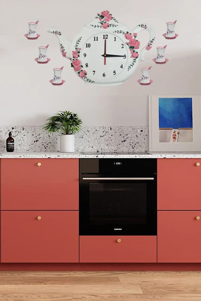 AYDİZAYN Mutfak Duvar Saati Polyester Çaydanlık Ve 6 Bardak - Pembe
