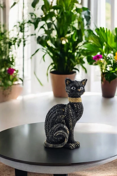 AYDİZAYN Dekoratif Polyester Hasır Desenli Oturan Kedi Biblo