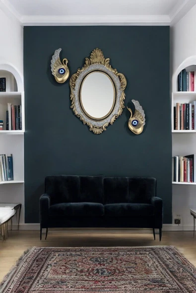 AYDİZAYN Dekoratif Polyester Ayna ve Nazar Boncuklu Kuğular - 2