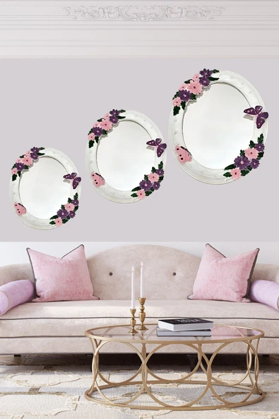 AYDİZAYN Dekoratif Çiçek ve Kelebekli Polyester Üçlü Ayna