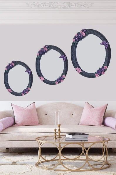 AYDİZAYN Dekoratif Çiçek ve Kelebekli Polyester Üçlü Ayna