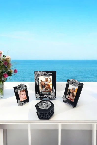 AYDİZAYN Gül ve Kelebek Motifli Polyester Fotoğraf Çerçeveleri ve Şekerlik