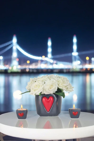 AYDİZAYN Dekoratif Polyester Kalpli Kare Saksı ve İkili Kalpli Mumluk - 2