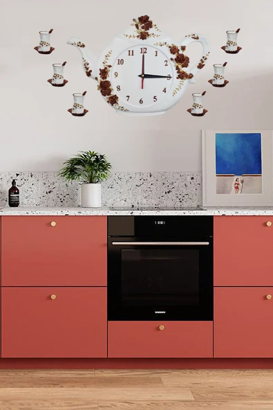 AYDİZAYN Mutfak Duvar Saati Polyester Çaydanlık Ve 6 Bardak - Bronz