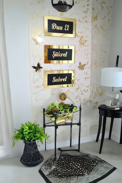 AYDİZAYN Sabret Şükret Dua Et Çerçeveli Duvar Tablosu Dekoru 3'lü Dua Seti Siyah Ahşap Üstü Altın Pleksili