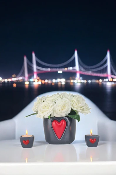 AYDİZAYN Dekoratif Polyester Kalpli Kare Saksı ve İkili Kalpli Mumluk - 3