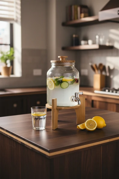 Bambum Fuente - Bambu Kapak ve Standlı Cam Sebil 3L - Resim 3