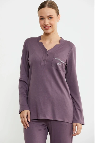 Sementa 76438 Yarım Düğmeli Cep Detaylı Pijama Takım - 4