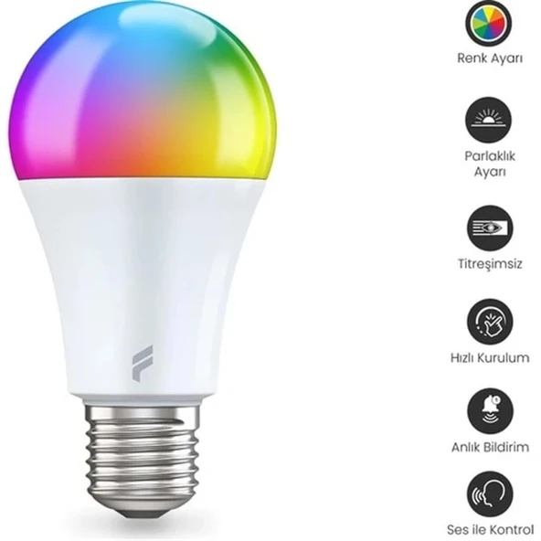 Akıllı Led Ampul, 9w, Titreşimsiz, 16.7 Milyon Renk, Sesli Kontrol, Wifi Kontrol, 2 Yıl Garantili - 3