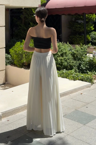 Beli Lastikli Pliseli Şifon Pantolon 6030-Ekru - 5
