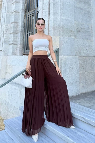 Beli Lastikli Pliseli Şifon Pantolon 6030-Kahverengi ürün görseli