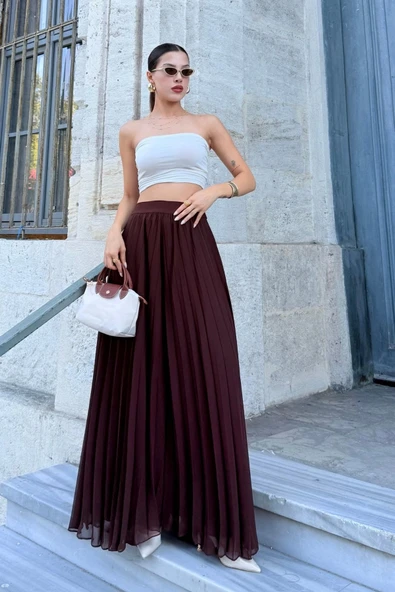 Beli Lastikli Pliseli Şifon Pantolon 6030-Kahverengi - Resim 2