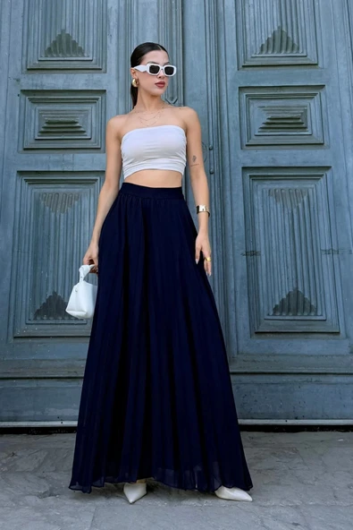 Beli Lastikli Pliseli Şifon Pantolon 6030-Lacivert - 5